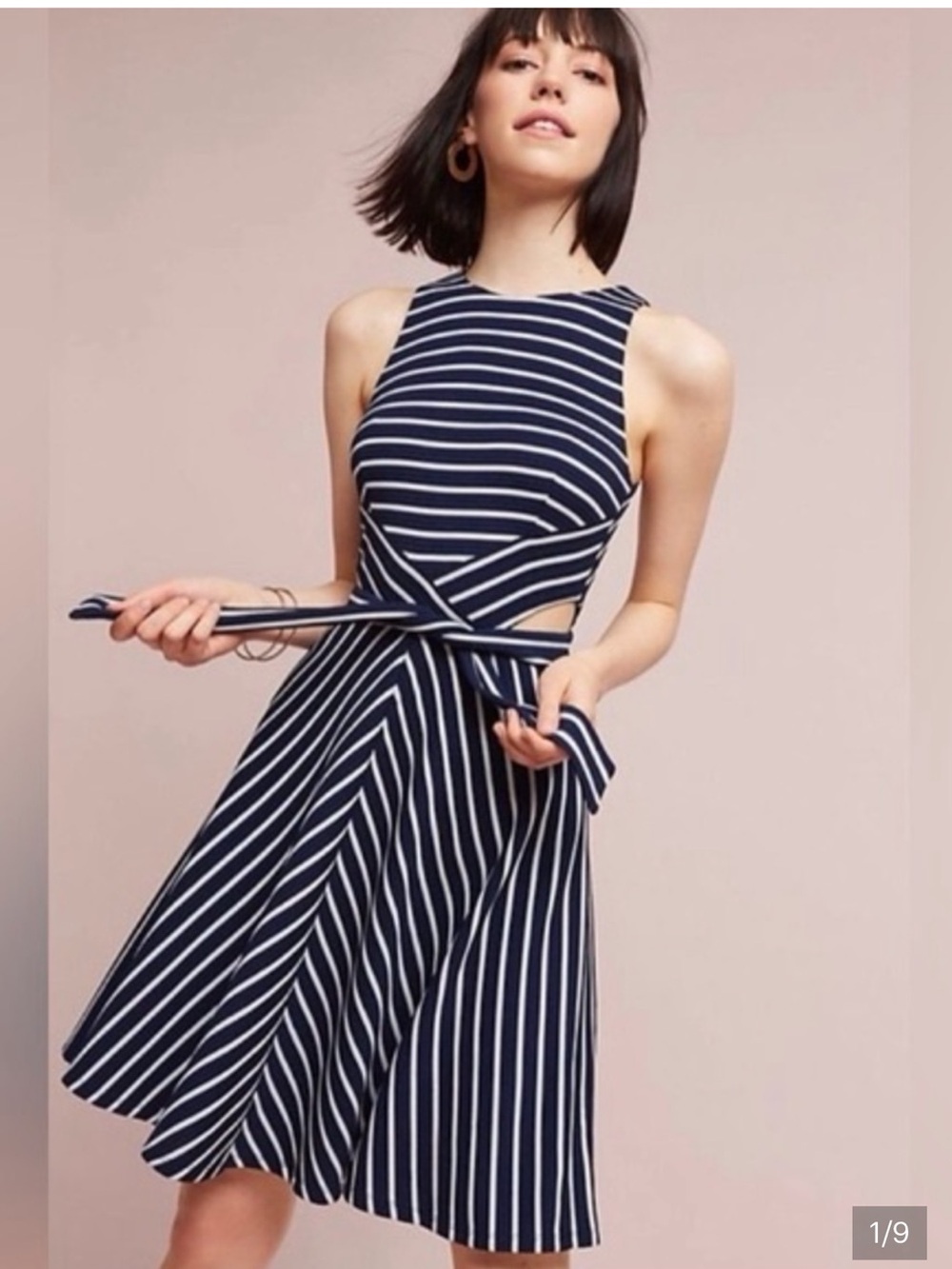 Anthropologie Dress Size M Blue White Striped
Cutout Tie Waist